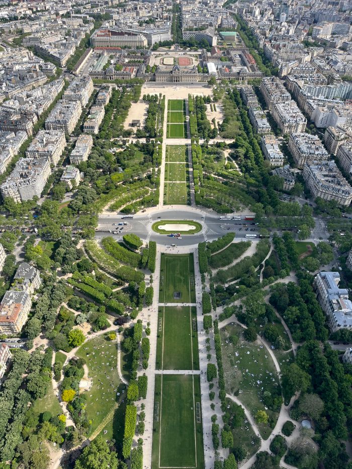 Stunning aerial view of Champ de Mars and surrounding architecture in Paris during summer.